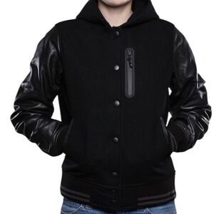 Nike Sportswear Blacked Out Wool Leather “Destroyer”Zippered Hooded Jacket NSW